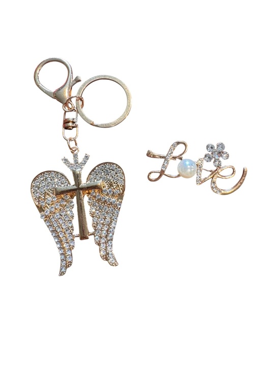 Accessories - Gold Crystal Angel Wings Keychain and "Love" Pin Set